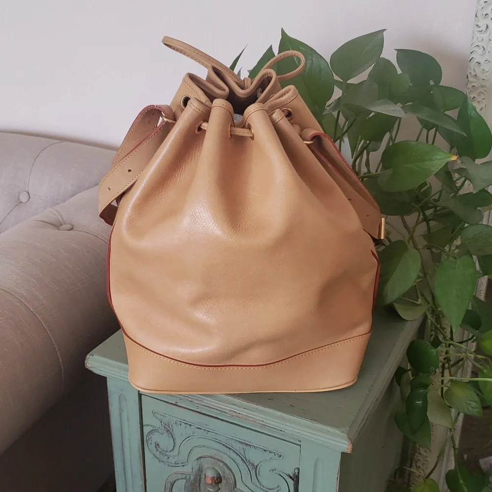 Vintage Large Leather Handmade Drawstring Bucket Bag - Picture 4 of 7